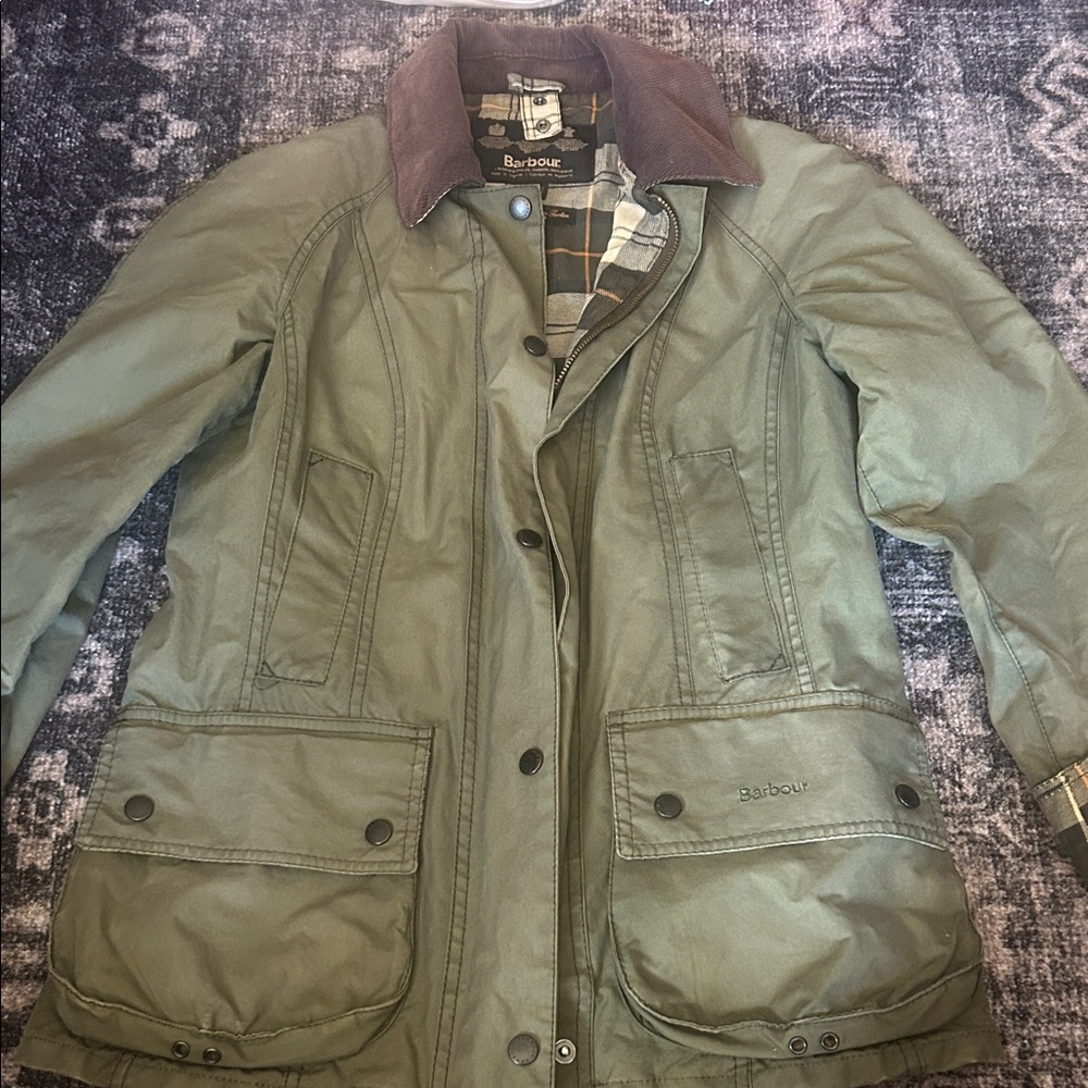 Barbour Sage Utility Jacket with Brown Collar Size 2